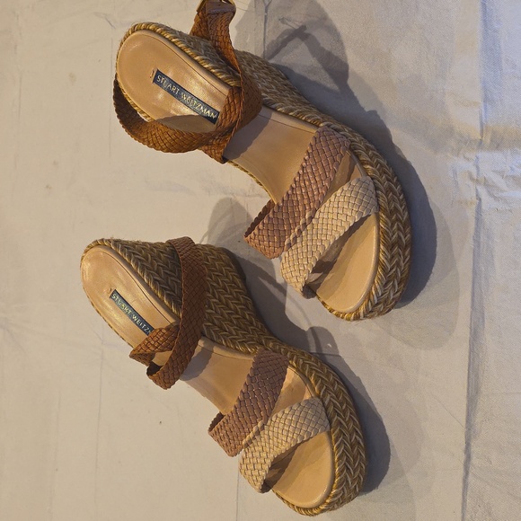 Stuart Weitzman Elsie Espadrille Wedge Ankle Wrap Sandal Beige Platform High 9.5 - Picture 3 of 13
